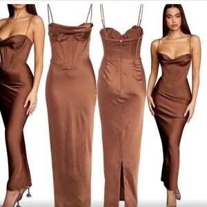 House of CB Brown Satin Corset Slip Dress